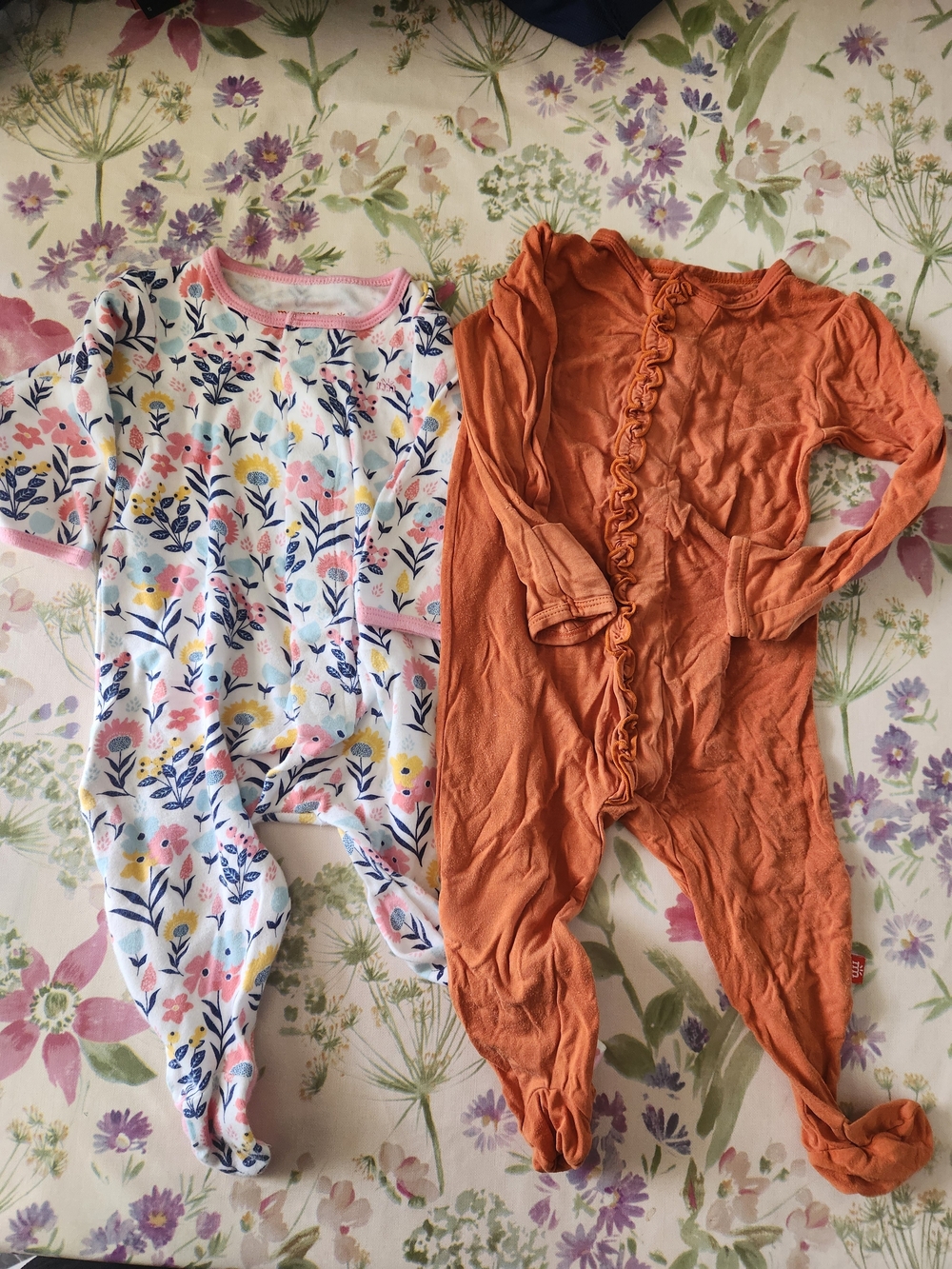 Magnetic Me Floral & Rust Ruffle Footed One-Piece Set